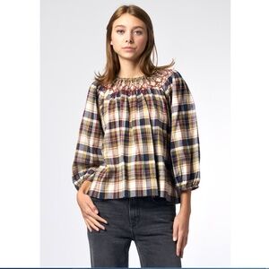 THE GREAT. The Sea Glass Plaid Embroidered Pullover Top - 1
